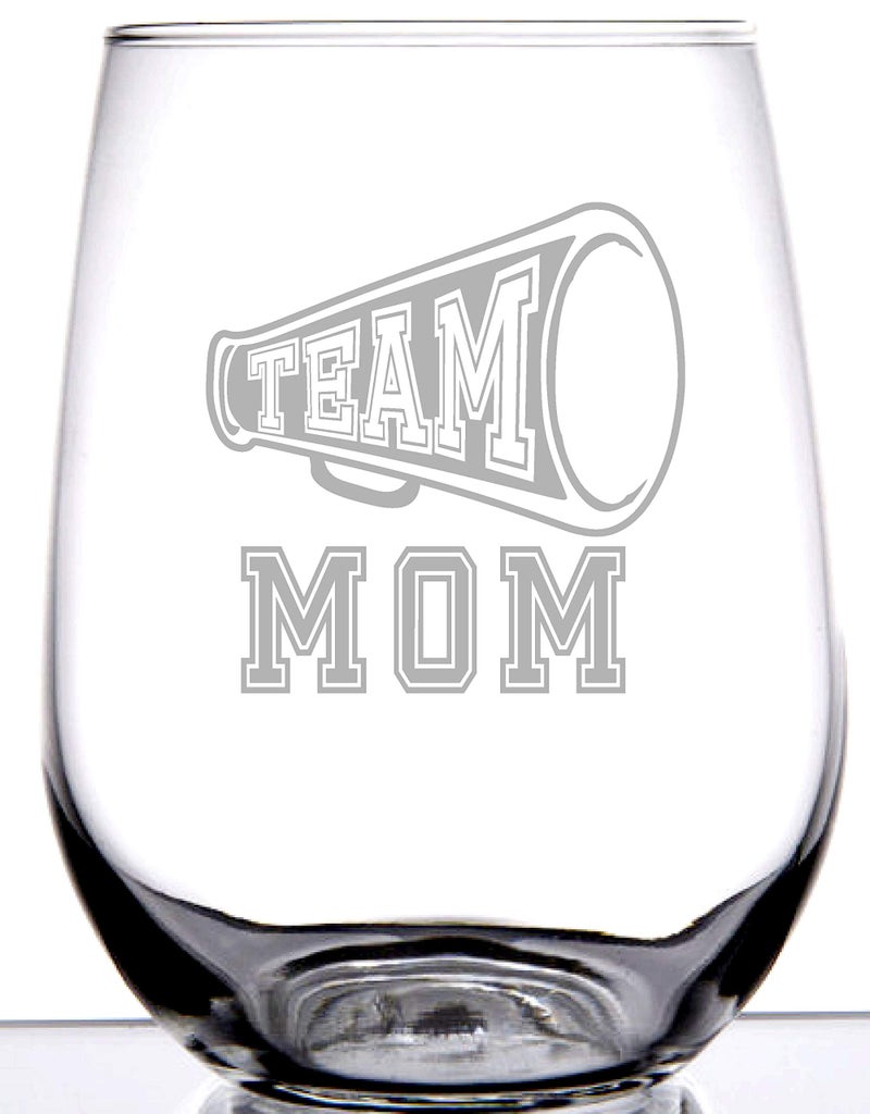 IE Laserware TEAM MOM WINE GLASS STEMLESS | Fun gift for TEAM MOMS | Cute graphic laser engraved etched | Great for Baseball, Soccer, Football, Basketball, Tennis or any other sports Mothers